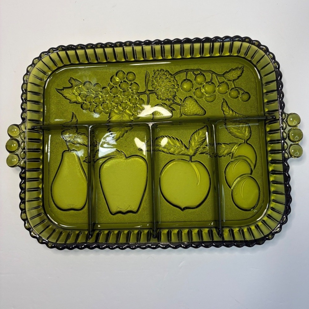 Indiana Glass Olive Green Fruit Embossed Divided Relish Tray Serving Dish Vntg - Picture 5 of 8